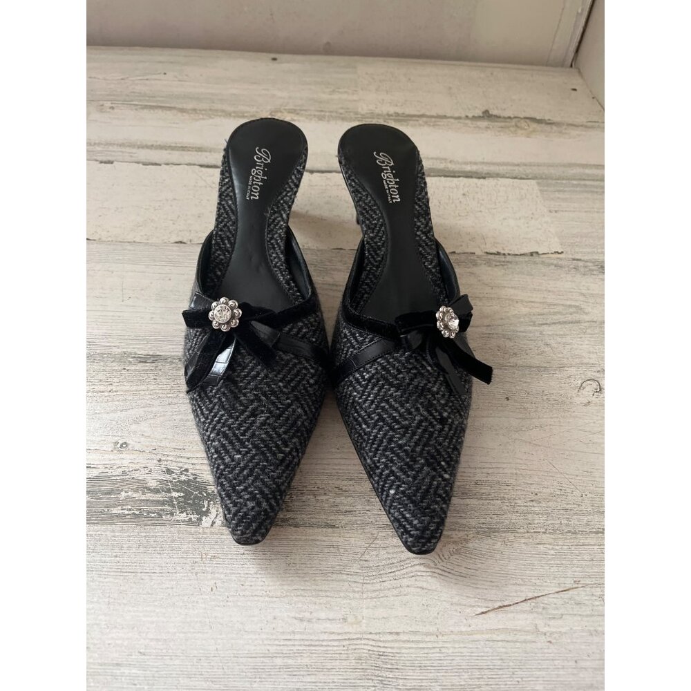 Brighton black and grey tweed mules with bow and rhinestone size 9N